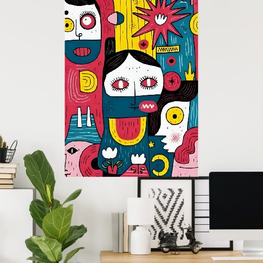 Poster Visages Pop Art Abstrait - Expression Doodle moder (Bureau à domicile)