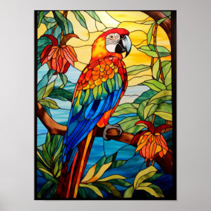 Poster Vitrail Ara Rouge Perroquet Tropical Art