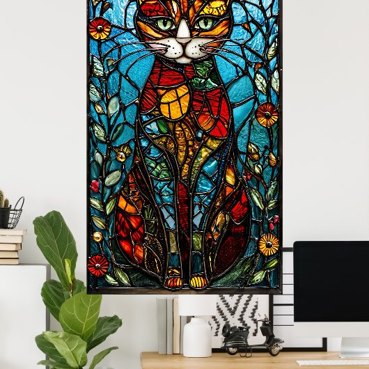 Poster Vitrail de chat coloré (Bureau à domicile)
