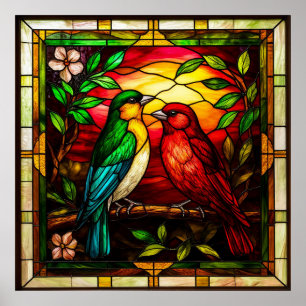 Poster Vitraux colorés représentant deux oiseaux