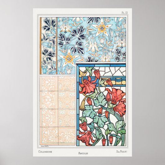 Poster Vitraux floraux Art nouveau et carrelage (Devant)