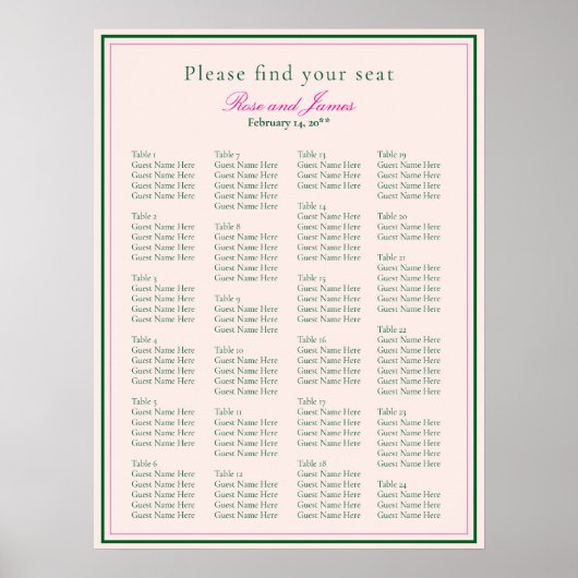 Poster Vivid Pink Wedding Seating Chart (Devant)