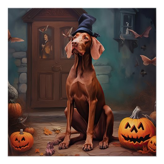 Poster Vizsla Citrouille Halloween effroi (Devant)