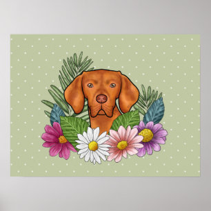 Poster Vizsla hongrois et fleurs sauvages colorées vertes