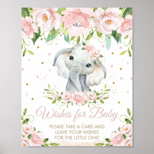 Poster Voeux d'éléphant rose floral adorable pour bébé (Devant)