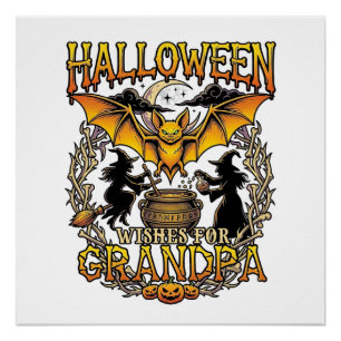 Poster Vœux Halloween Grand-Père Chauve-Souris Chaudron d