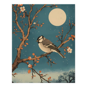 Poster - Vogeltje in het maanlicht op een bloeiend Perfect Poster