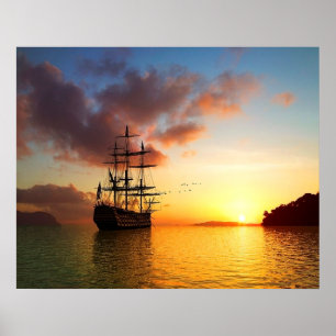 Poster Voile de bateau de navigation sur le coucher du