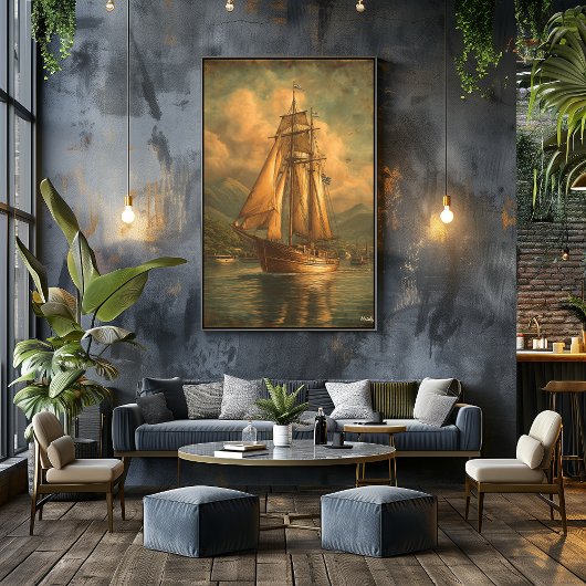 Poster Voiles Dorées — Voyage Maritime Classique