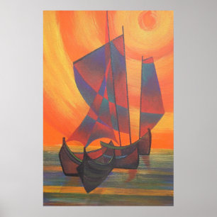 Poster Voiles rouges dans le couloir de soleil Cubist Abs