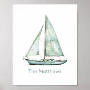 Poster Voilier à l'aquarelle bleue personnalisé côtier