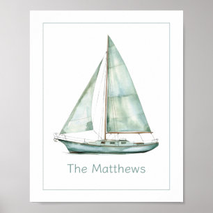 Poster Voilier personnalisé à l'aquarelle bleue côtière