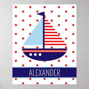 Poster Voilier personnalisé rouge, blanc et bleu marine