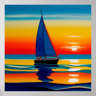 Poster Voilier sur des eaux calmes lors d'un coucher de s