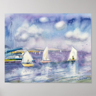 Poster Voiliers blancs sur lavande bleu aquarelle