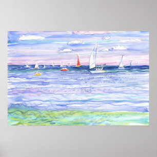 Poster Voiliers Colorés sur Mer Bleue Aquarelle