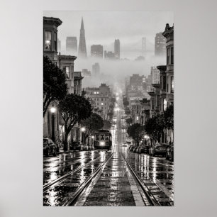 Poster Voiture à câble de San Francisco pluvieux sur fond