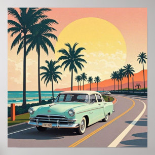 Poster Voiture ancienne de style rétro sur une route côti