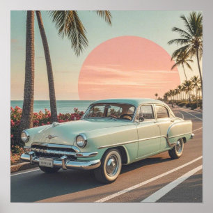 Poster Voiture ancienne de style rétro sur une route côti