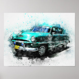 Poster Voiture Aqua Vintage 1950s 16" X 12"
