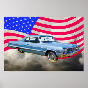 Poster Voiture Chevrolet Impala 1964 Et Drapeau Américain