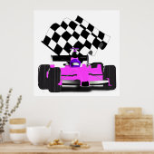 Poster Voiture de course rose avec drapeau À damiers (Cuisine)