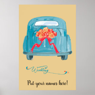 Poster Voiture de départ rétro sarcelle et roses rouges m