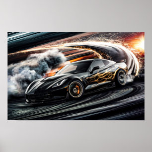 Poster Voiture de sport de course noire élégante en dérap