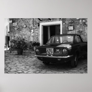 Poster Voiture FIAT vintage en Italie en monochrome