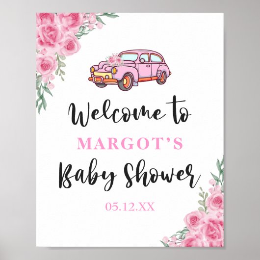 Poster Voiture Florale Rose Par Baby shower Rose Bienvenu (Devant)