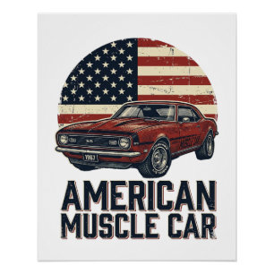 Poster Voiture Musclée Américaine Vintage Flag Chemise De