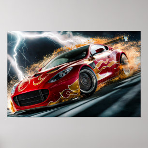 Poster Voiture Red Racing avec Motif Flame Dur #1