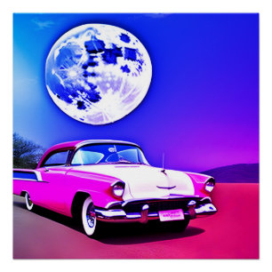 Poster Voiture rose violet bleu dans le ciel de la lune b