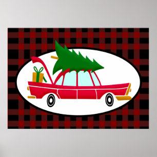 Poster Voiture rouge rétro portant un arbre de Noël