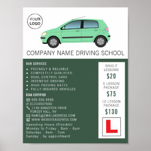 Poster Voiture verte moderne, École de conduite, Instruct