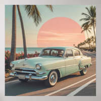 Voiture vintage de style rétro sur une route côtiè