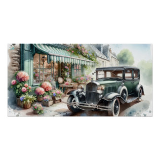 Poster Voiture Vintage et Charming Flower Shop Aquarelle