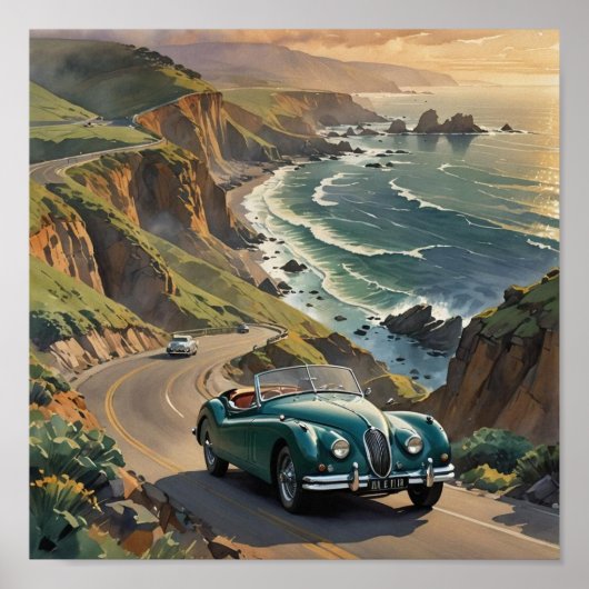 Poster Voiture Vintage sur la Beach Side Road (Devant)