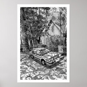 Poster Voitures Berline Vintage Encre Esquisse Noir et Bl
