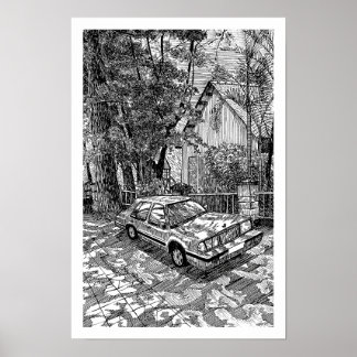 Poster Voitures Berline Vintage Encre Esquisse Noir et Bl
