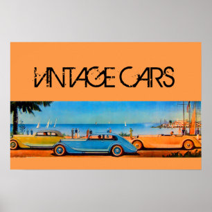 POSTER VOITURES JAUNES BLEUES VINTAGE SUR LA ROUTE DE LA