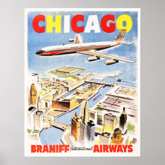 Poster Vol CHICAGO ILLINOIS USA Retro Airlines Travel