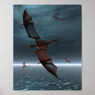 Poster Vol de dragons rouges au-dessus de la mer