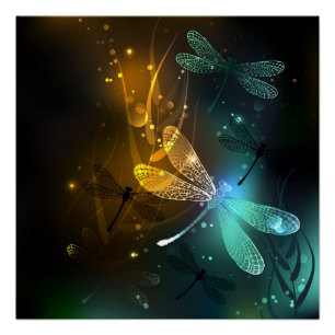 Poster Vol de libellule verte lumineuse
