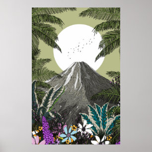 Poster Volcan de montagne fleurie sauvage