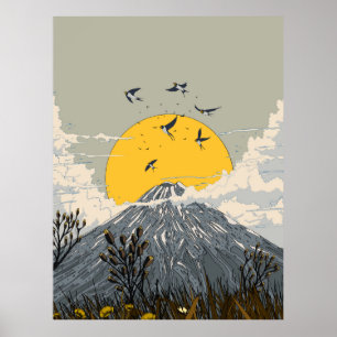 Poster Volcan de montagne fleurie sauvage