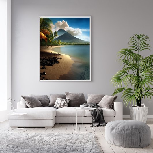 Poster Volcanos, Plage de sable blanc avec palmiers