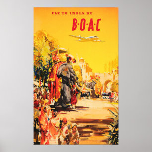 Poster VOLER EN INDE par le BOAC Tours Fêtes Vieux voyage