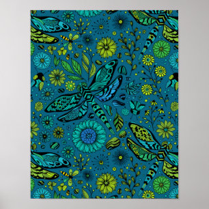 Poster Voler, pilonner la libellule en bleu