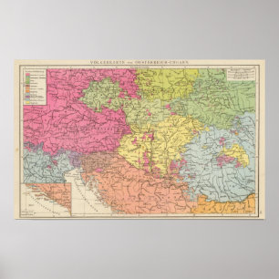 Poster Volkerkarte v Oesterreich Ungarn, Autriche Hongrie